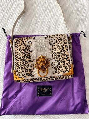 Sharif 1827 Genuine Leather Rare Lion Gate Leopard Print Crossbody Bag